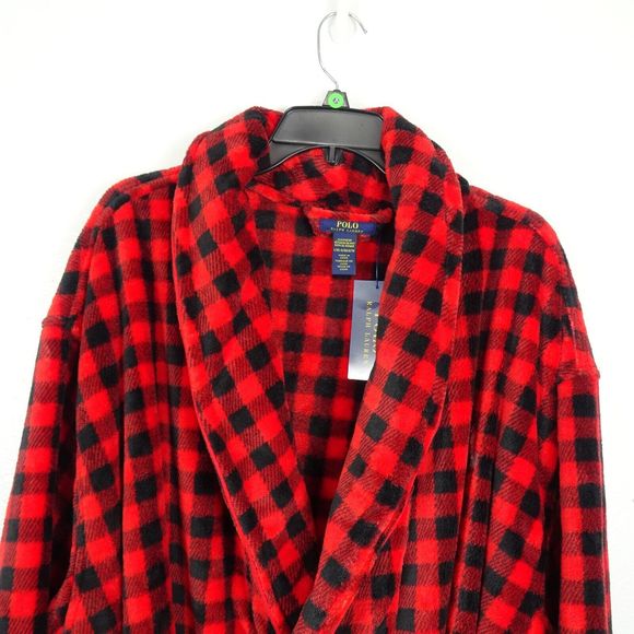 POLO RALPH LAUREN Men's Robe Sleep Fleece Plush Plaid Buffalo Red Black L/XL NWT - Picture 12 of 14